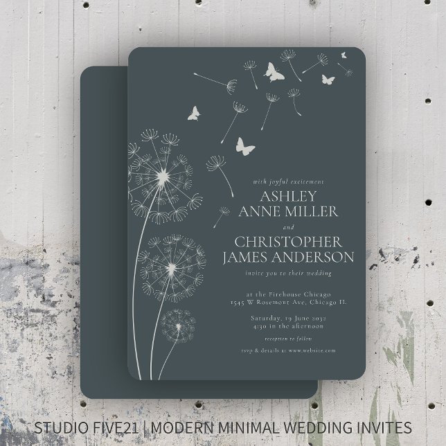 Simple Modern Slate Gray Dandelion Wedding Invitation (Creator Uploaded)