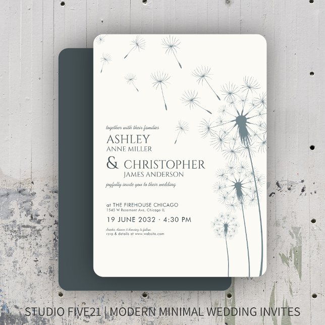 Simple Modern Slate Gray Dandelion Wedding Invitation (Creator Uploaded)