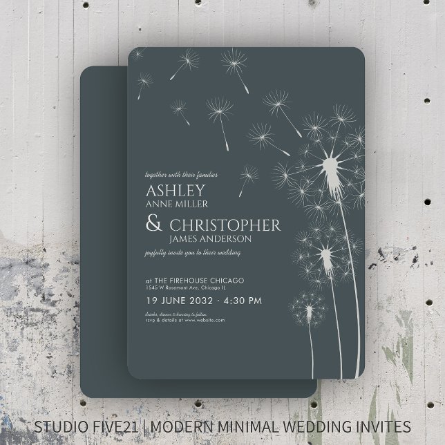 Simple Modern Slate Gray Dandelion Wedding Invitation (Creator Uploaded)