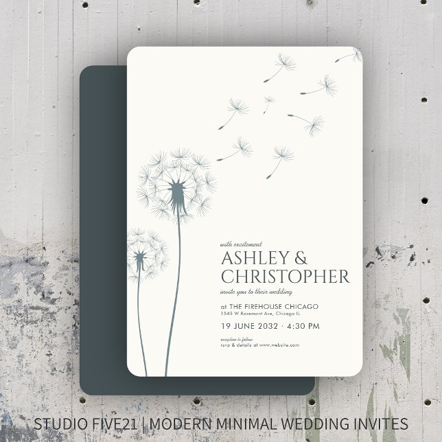 Simple Modern Slate Gray Dandelion Wedding Invitation (Creator Uploaded)