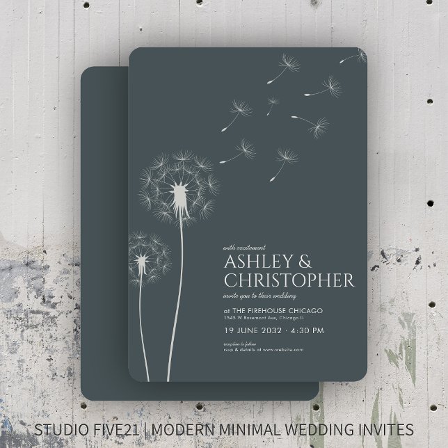 Simple Modern Slate Gray Dandelion Wedding Invitation (Creator Uploaded)