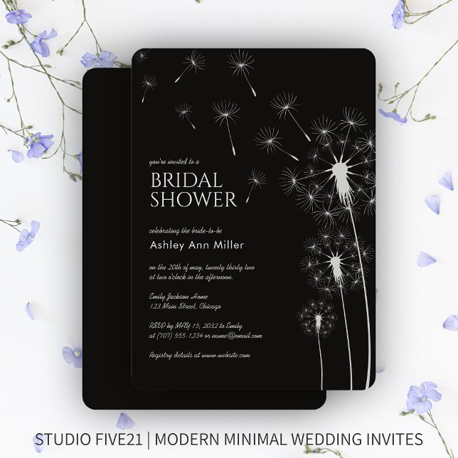 Simple Modern Smoke Black Dandelion Bridal Shower Invitation (Creator Uploaded)