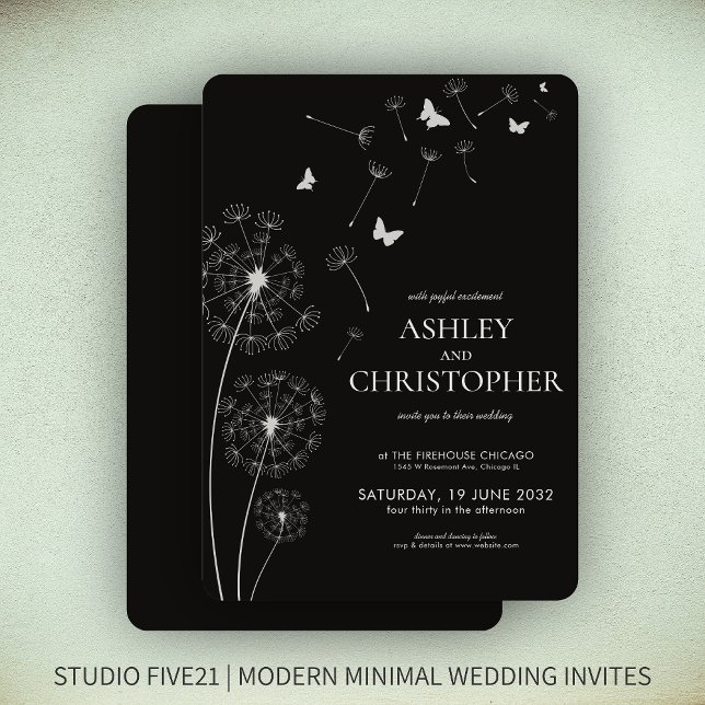 Simple Modern Smoke Black Dandelion Wedding Invitation (Creator Uploaded)