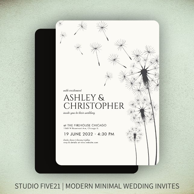 Simple Modern Smoke Black Dandelion Wedding Invitation (Creator Uploaded)