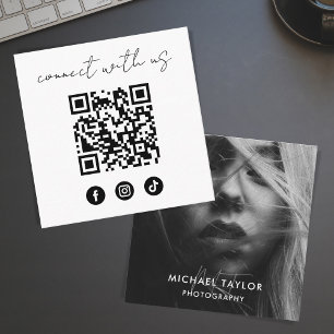Simple Modern Social Media QR Code Photo Connect Square Business Card