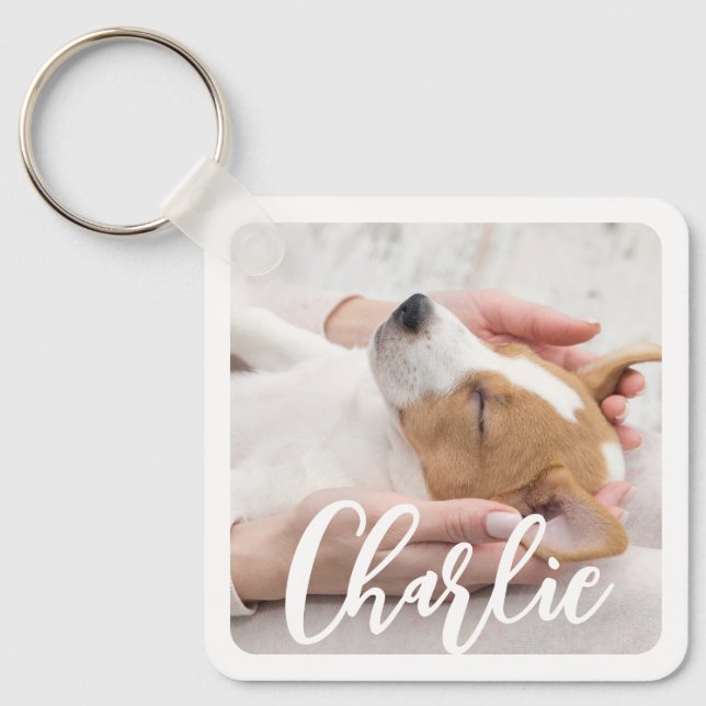 Simple Modern Stylish Dog Name 2 Photo Keychain (Front)