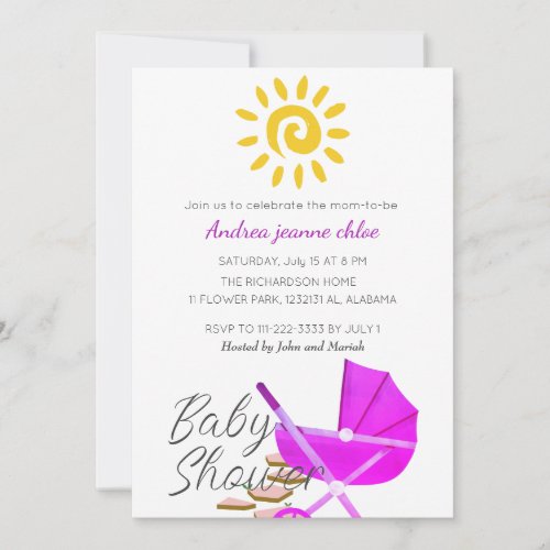 Simple Modern Sunshine pink stroller Baby Shower Invitation