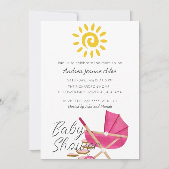 Simple Modern Sunshine pink stroller Baby Shower Invitation (Front)