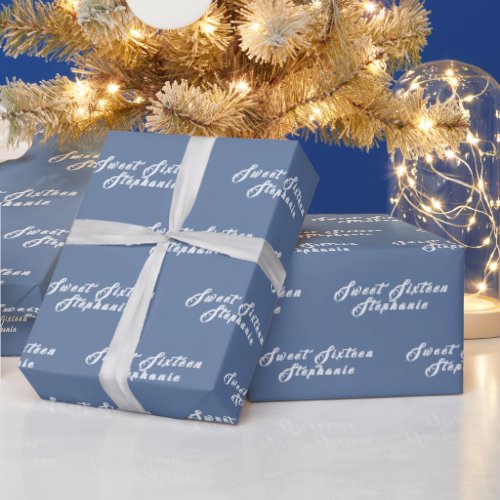 Simple Modern Sweet 16 Name Blue Sixteen Name Wrapping Paper
