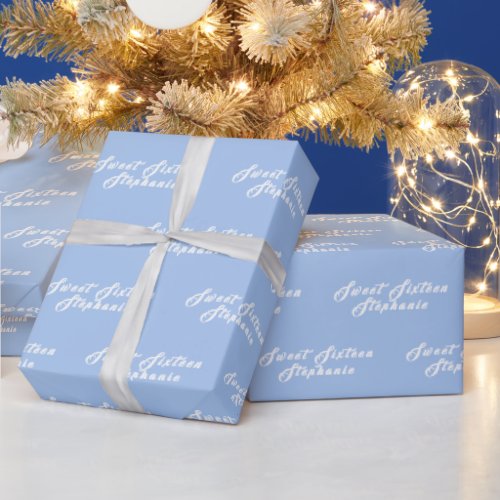 Simple Modern Sweet 16 Name Blue Sixteen Name Wrapping Paper