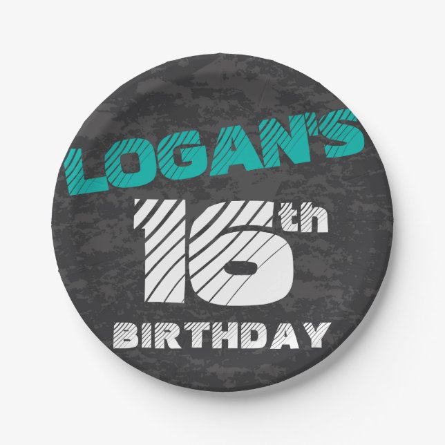 Simple Modern Teal & Black Teen Boy Birthday Paper Plates (Front)
