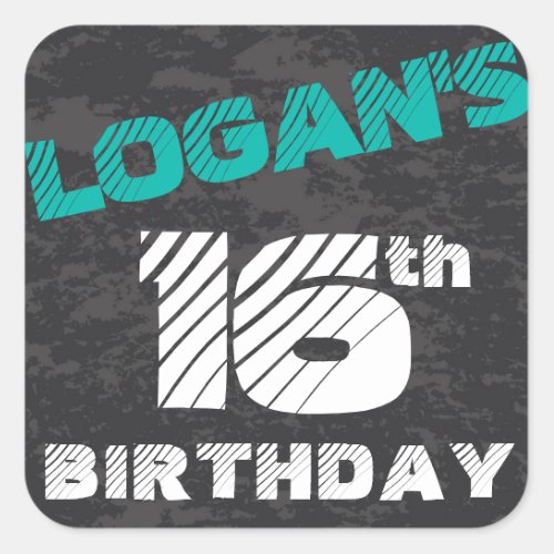Simple Modern Teal Grey and Black Birthday Square Sticker