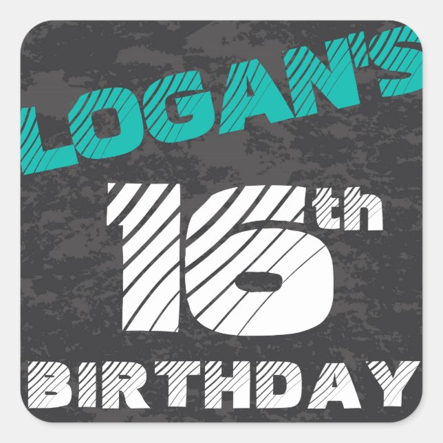 Simple Modern Teal Grey and Black Birthday Square Sticker (Front)