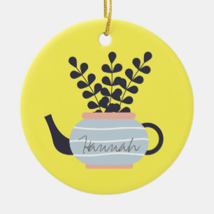 Simple modern teapot with plant pastel ceramic ornament