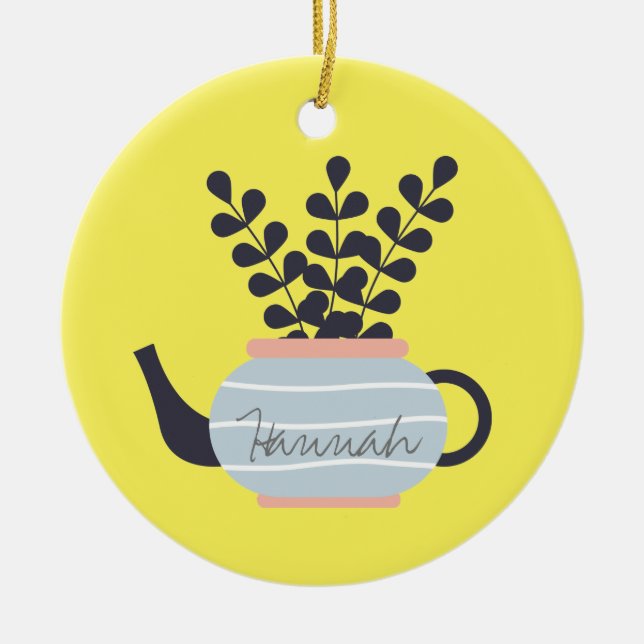 Simple modern teapot with plant pastel ceramic ornament (Front)