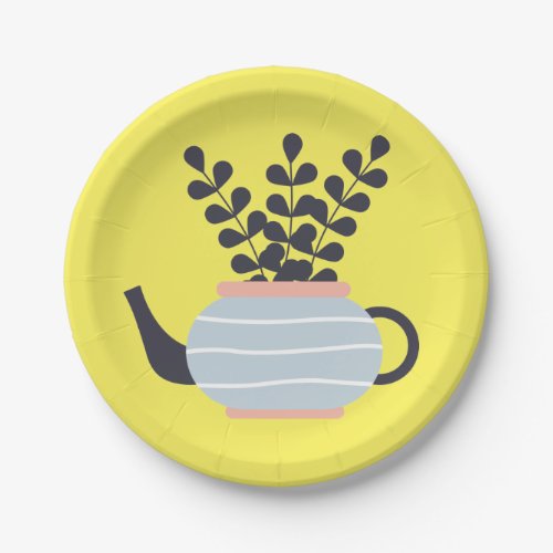 Simple modern teapot with plant pastel paper plates