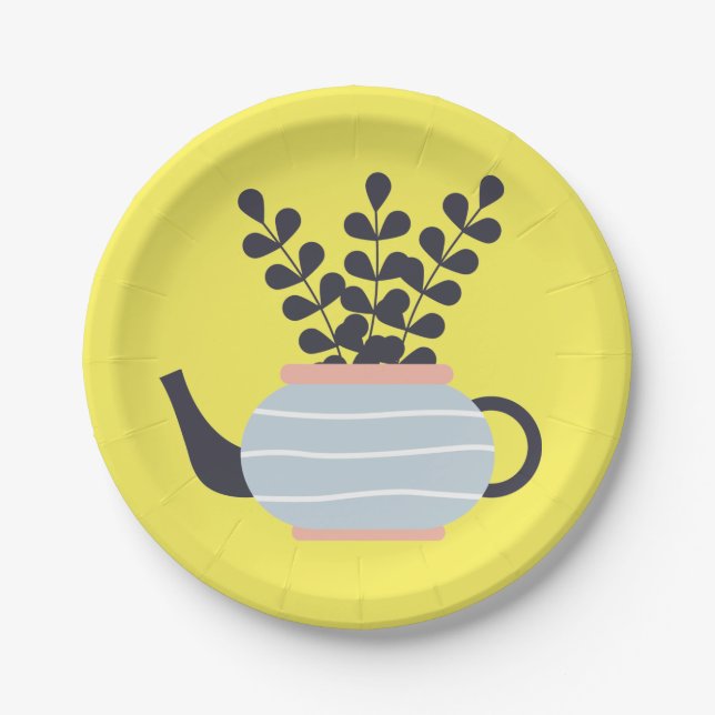 Simple modern teapot with plant pastel paper plates (Front)