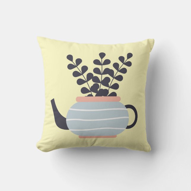 Simple modern teapot with plant pastel throw pillow (Front)