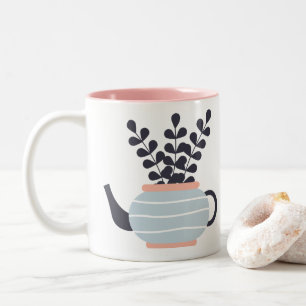 Simple modern teapot with plant pastel Two-Tone coffee mug