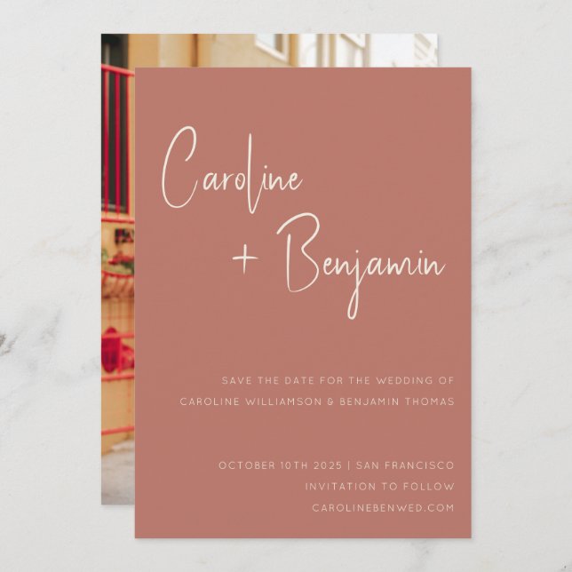 Simple Modern Terracotta Rose Script Photo Wedding Save The Date (Front/Back)