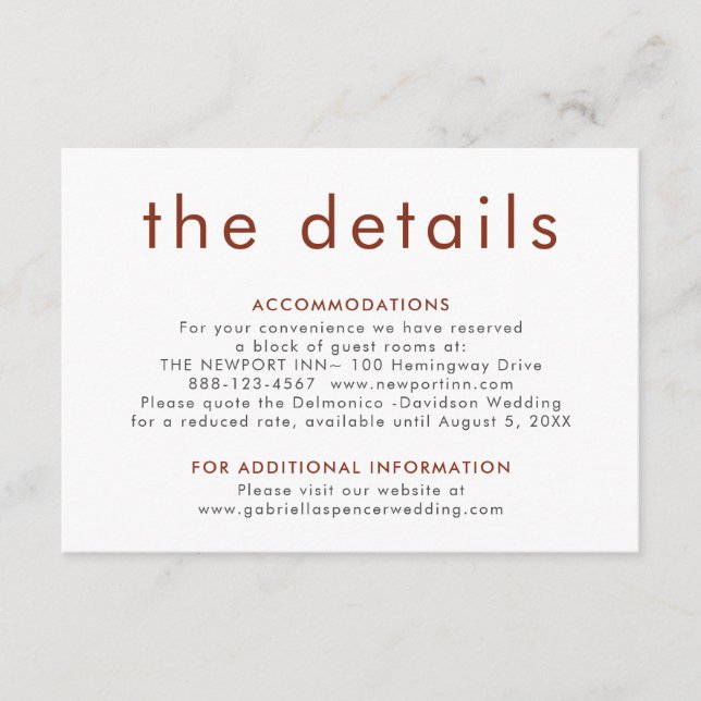 Simple Modern Terracotta Rust Wedding Details  Enclosure Card (Front)