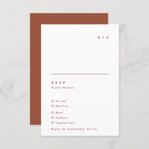 Simple Modern Terracotta White Monogram Wedding RSVP Card