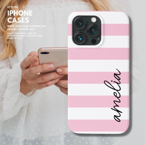 Simple Modern Trendy Monogrammed Pink Stripe  iPhone 13 Pro Case