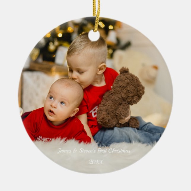 Simple modern Twins First Christmas photo Ceramic Ornament (Front)