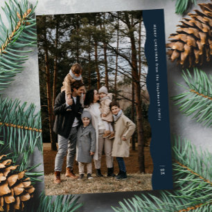 Simple modern two photo wavy edge navy Christmas Holiday Card