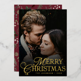 Simple Modern Typography 1 Photo Gold Christmas Foil Holiday Card