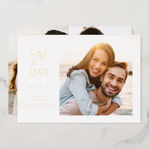 Simple Modern Typography 3 Photo Save the Date Foil Invitation