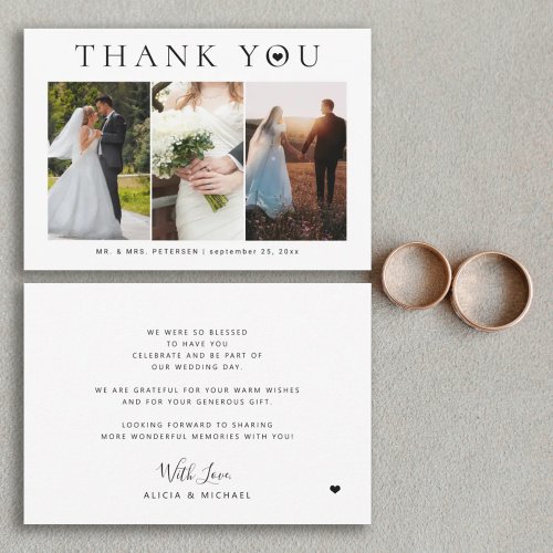 Simple modern typography 3 photos wedding  thank you card