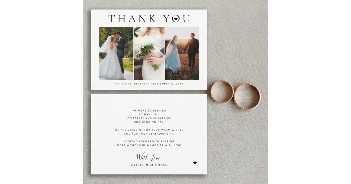 Simple modern typography 3 photos wedding thank you card | Zazzle