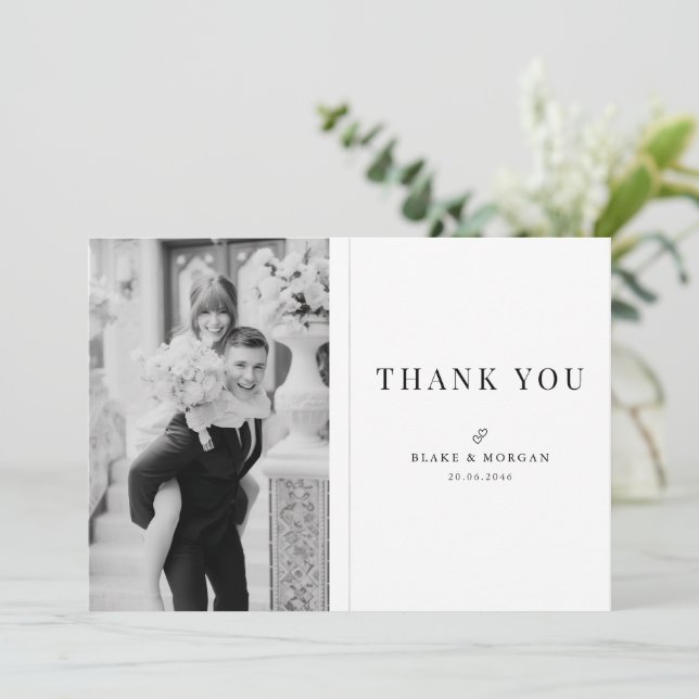 Simple Modern Typography Black and White Wedding Thank You Card (Standing Front)