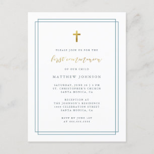 Simple Modern Typography Blue First Communion Invitation Postcard
