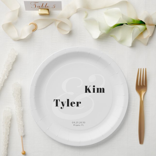 Simple modern typography bride and groom wedding paper plates (Wedding)