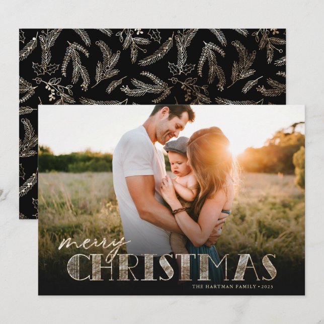 Simple Modern Typography Gold Christmas Photo Holiday Card (Front/Back)