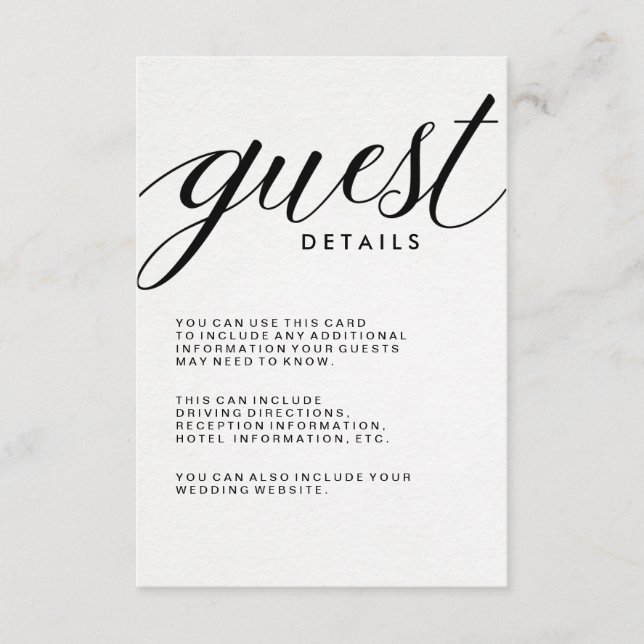 Simple Modern Typography Guest Information Enclosure Card (Front)