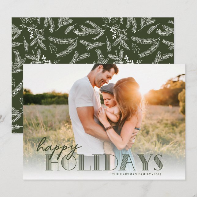 Simple Modern Typography Olive Happy Photo Holiday Card (Front/Back)