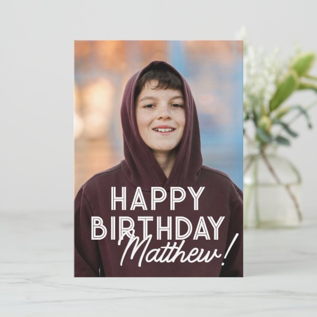 Simple Modern Typography Photo Birthday Greeting Card (Standing Front)