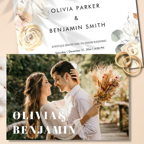 Simple Modern Typography Photo Floral Wedding Invitation