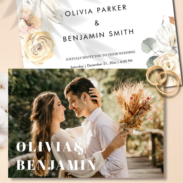 Simple Modern Typography Photo Floral Wedding Invitation (Simple Modern Typography Photo Floral Wedding Invitation)