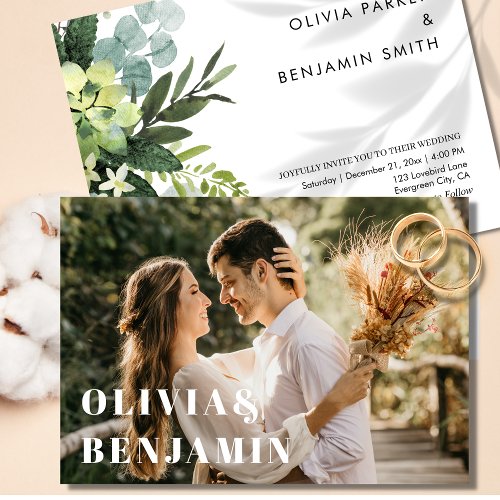 Simple Modern Typography Photo Greenery Wedding Invitation