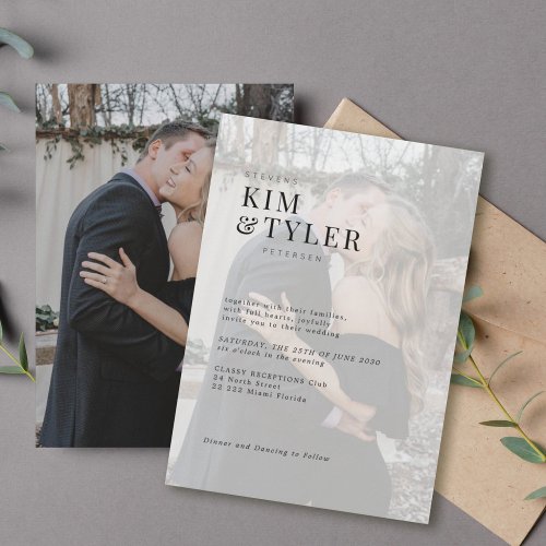 Simple modern typography photo overlay wedding invitation