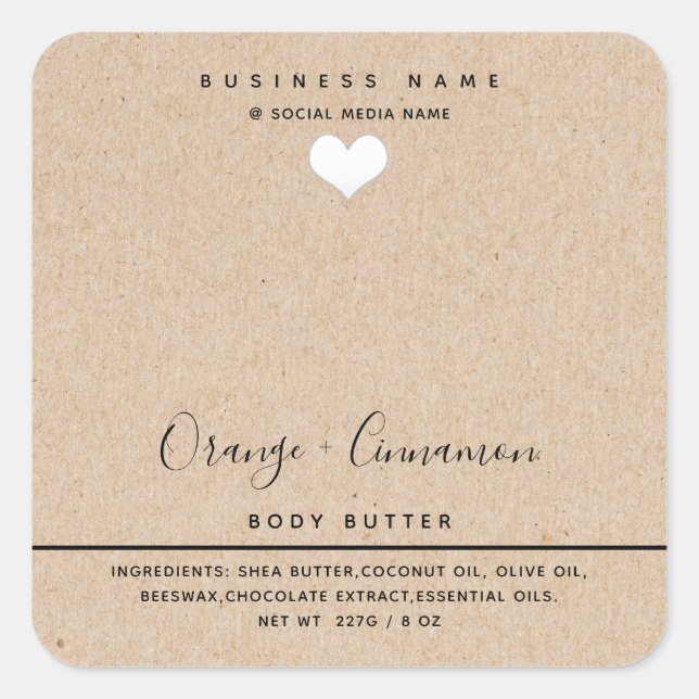 Simple modern  typography white heart kraft look square sticker (Front)