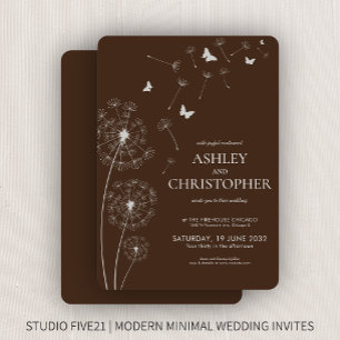 Simple Modern Walnut Brown Dandelion Wedding Invitation