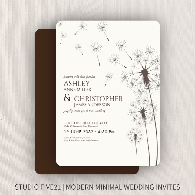 Simple Modern Walnut Brown Dandelion Wedding Invitation (Creator Uploaded)