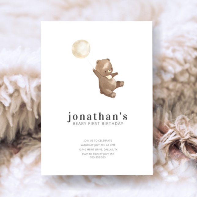 Simple Modern Watercolor Bear 1st Birthday Invitation (Creator Uploaded)