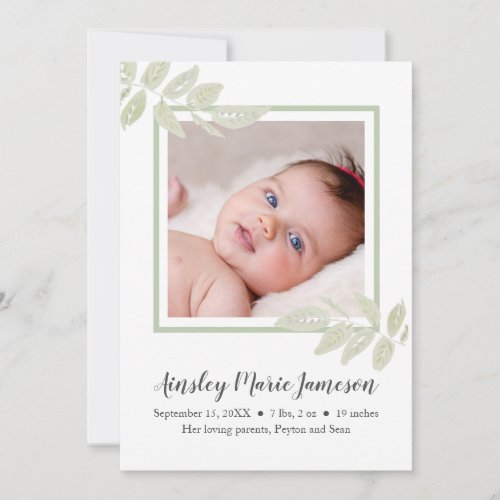 Simple Modern Watercolor Botanical Baby Girl Birth Announcement