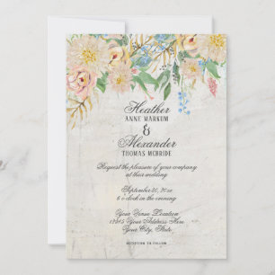 Simple Modern Watercolor Chinoiserie Floral Marble Invitation